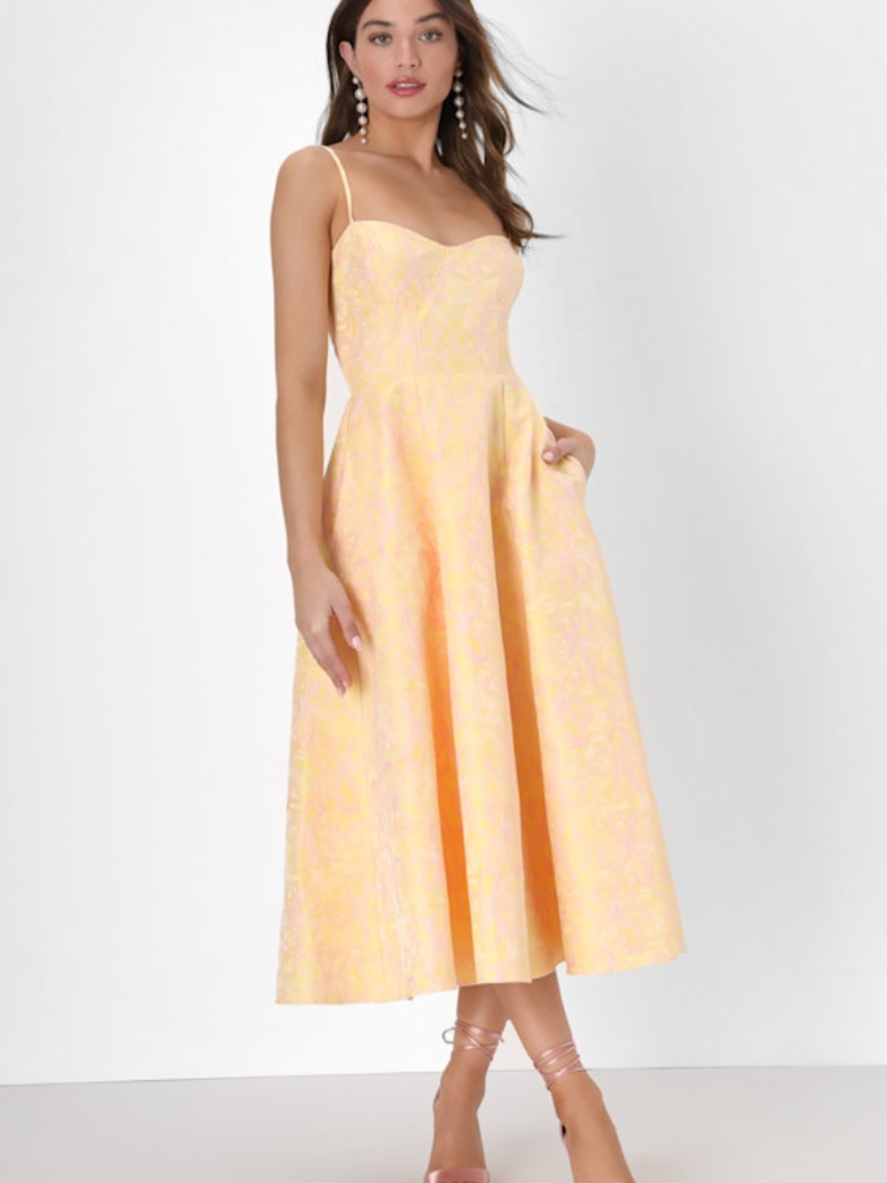 Lulus Meet For Tea Yellow Jacquard Bustier Midi Dress With Pockets - Size S